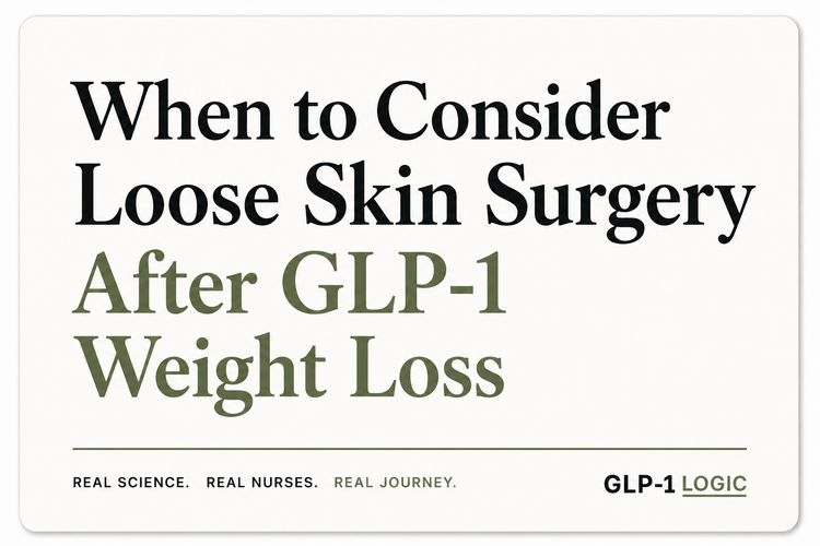 White elevated title graphic reading “When to Consider Loose Skin Surgery After GLP-1 Weight Loss” from GLP-1 Logic.