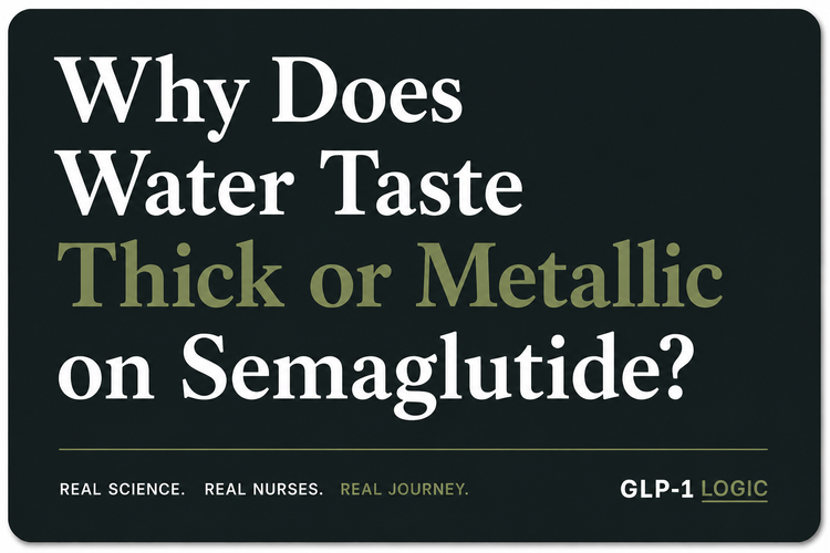 Dark elevated title graphic reading “Why Does Water Taste Thick or Metallic on Semaglutide?” from GLP-1 Logic.