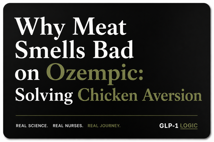Black elevated title graphic reading “Why Meat Smells Bad on Ozempic: Solving Chicken Aversion” from GLP-1 Logic.