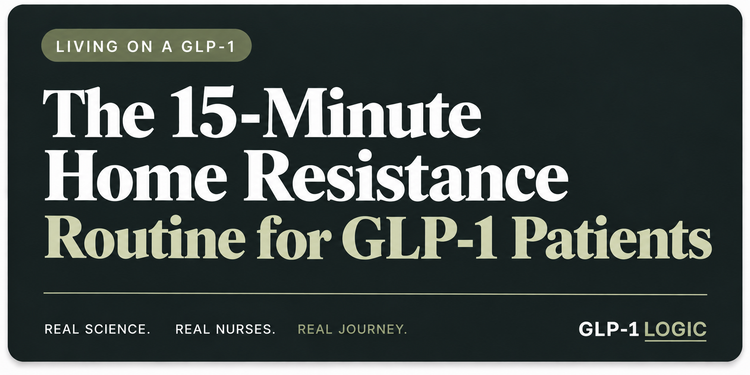 Dark elevated title graphic reading “The 15-Minute Home Resistance Routine for GLP-1 Patients” from GLP-1 Logic.