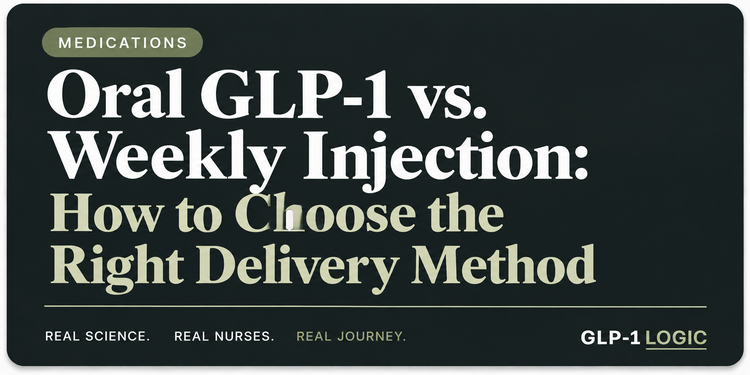 Dark elevated title graphic reading “Oral GLP-1 vs. Weekly Injection: How to Choose the Right Delivery Method” from GLP-1 Logic.