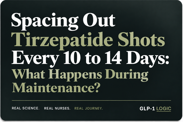Dark elevated title graphic reading “Spacing Out Tirzepatide Shots Every 10 to 14 Days: What Happens During Maintenance?” from GLP-1 Logic.