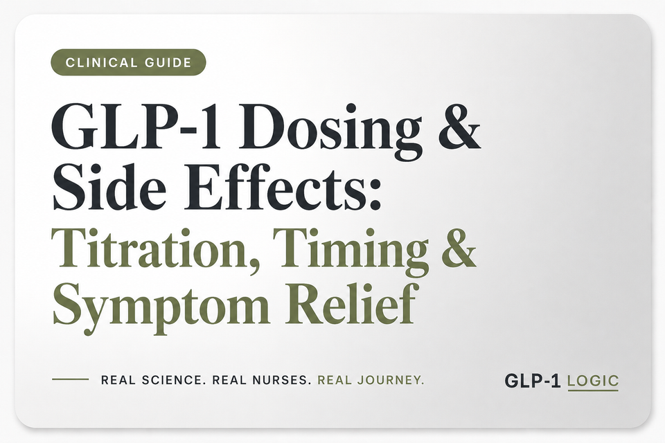 Title graphic for “GLP-1 Dosing & Side Effects: Titration, Timing & Symptom Relief” from GLP-1 Logic.