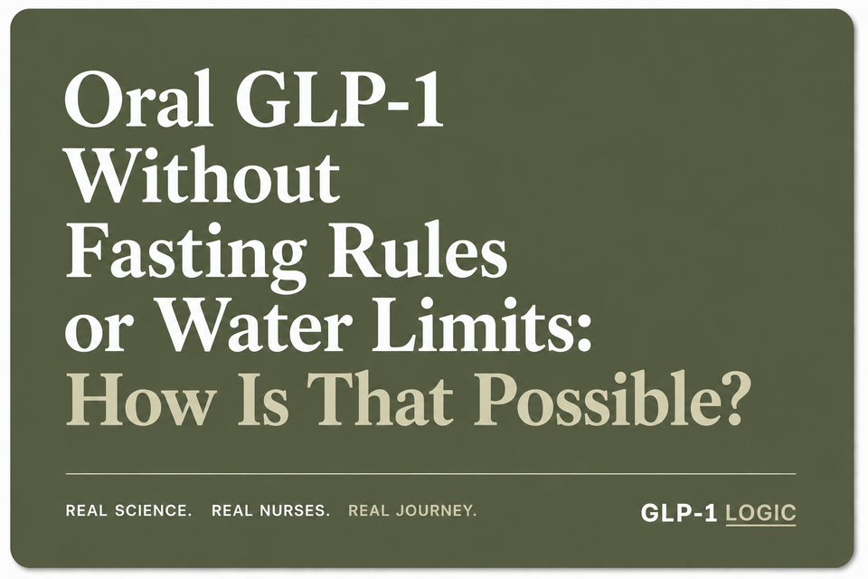 Title graphic reading “Oral GLP-1 Without Fasting Rules or Water Limits: How Is That Possible?” from GLP-1 Logic.