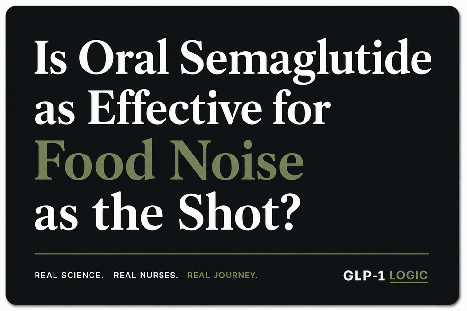 Dark elevated title graphic reading “Is Oral Semaglutide as Effective for Food Noise as the Shot?” from GLP-1 Logic.