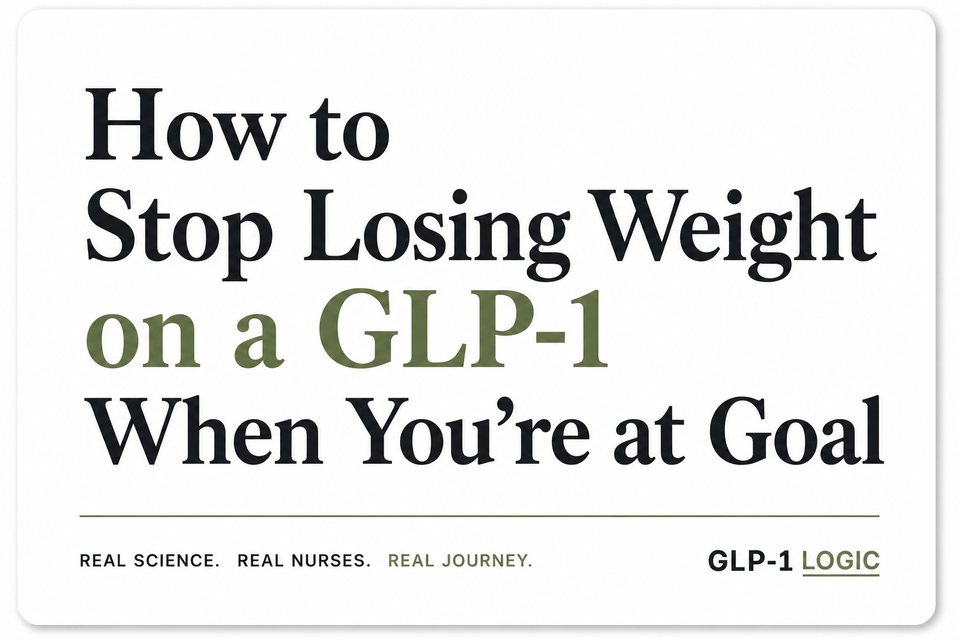 White elevated title graphic reading “How to Stop Losing Weight on a GLP-1 When You’re at Goal” from GLP-1 Logic.