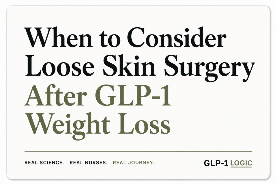 White elevated title graphic reading “When to Consider Loose Skin Surgery After GLP-1 Weight Loss” from GLP-1 Logic.