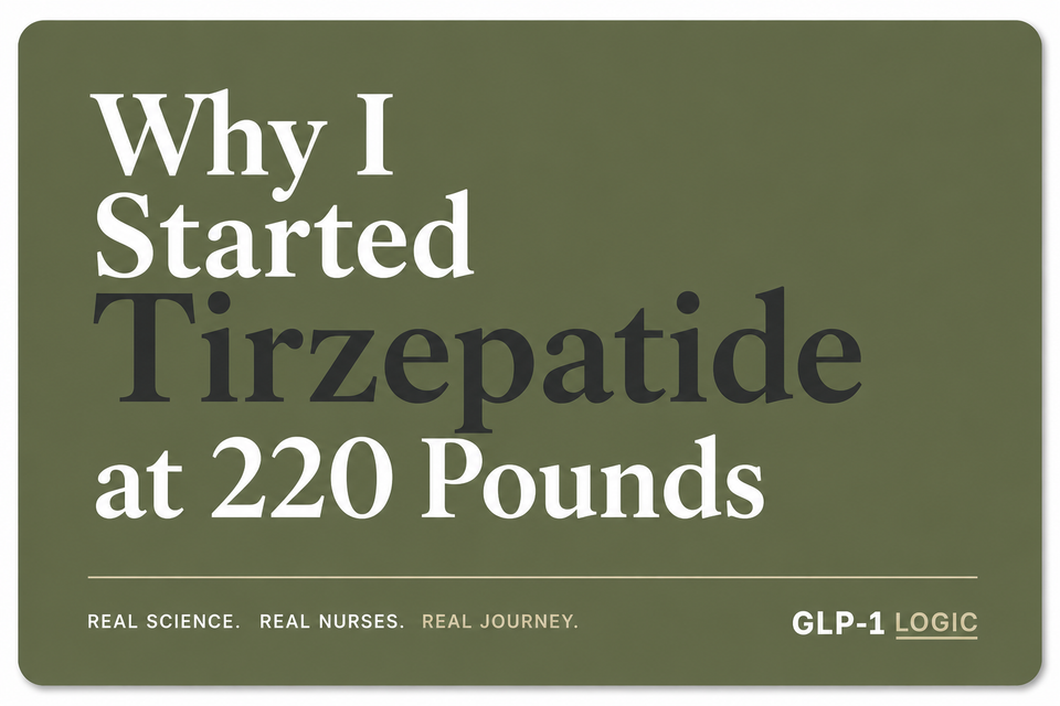 Olive elevated title graphic reading “Why I Started Tirzepatide at 220 Pounds” from GLP-1 Logic.