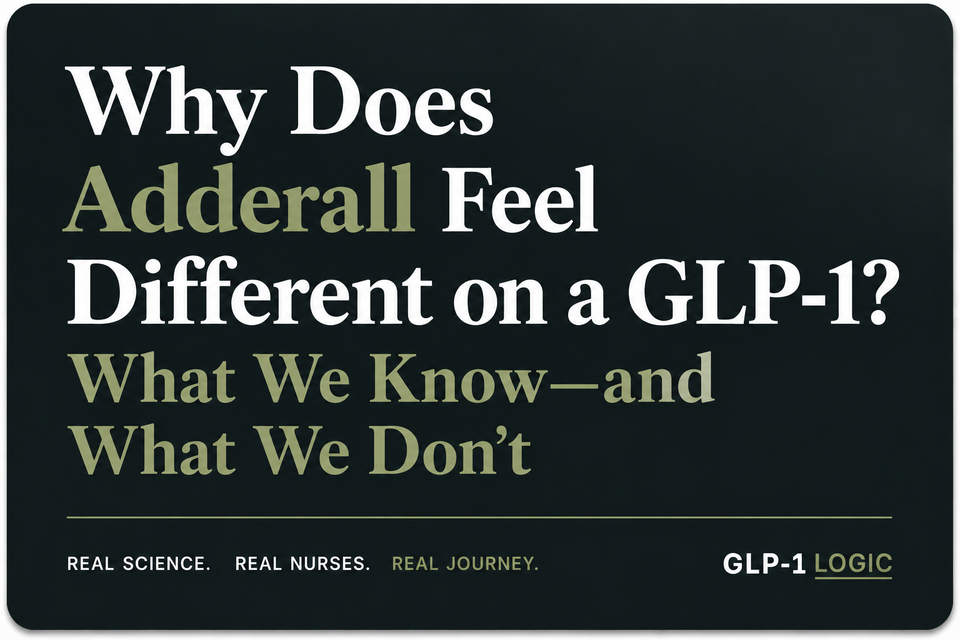 Dark elevated title graphic reading “Why Does Adderall Feel Different on a GLP-1? What We Know—and What We Don’t” from GLP-1 Logic.