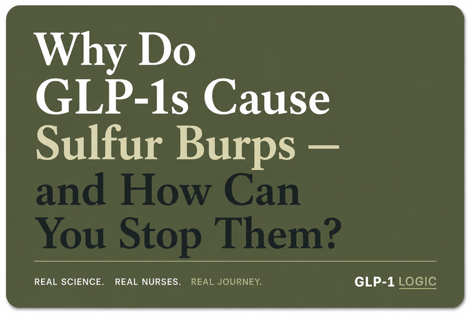 Olive elevated title graphic reading “Why Do GLP-1s Cause Sulfur Burps — and How Can You Stop Them?” from GLP-1 Logic.