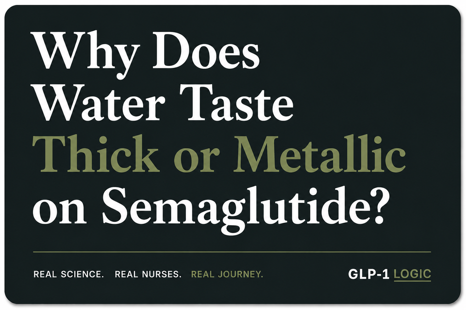 Dark elevated title graphic reading “Why Does Water Taste Thick or Metallic on Semaglutide?” from GLP-1 Logic.