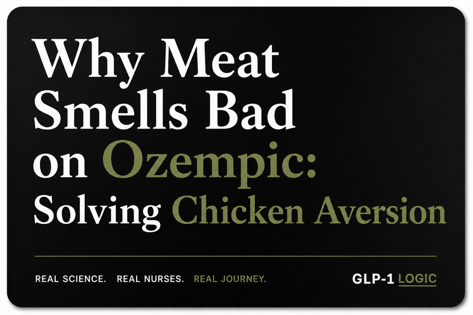 Black elevated title graphic reading “Why Meat Smells Bad on Ozempic: Solving Chicken Aversion” from GLP-1 Logic.