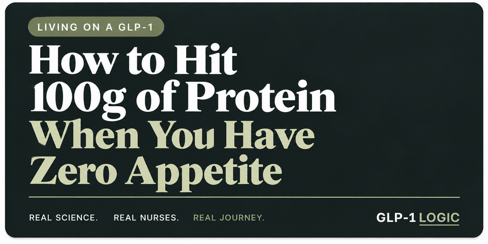 Dark elevated title graphic reading “How to Hit 100g of Protein When You Have Zero Appetite” from GLP-1 Logic.