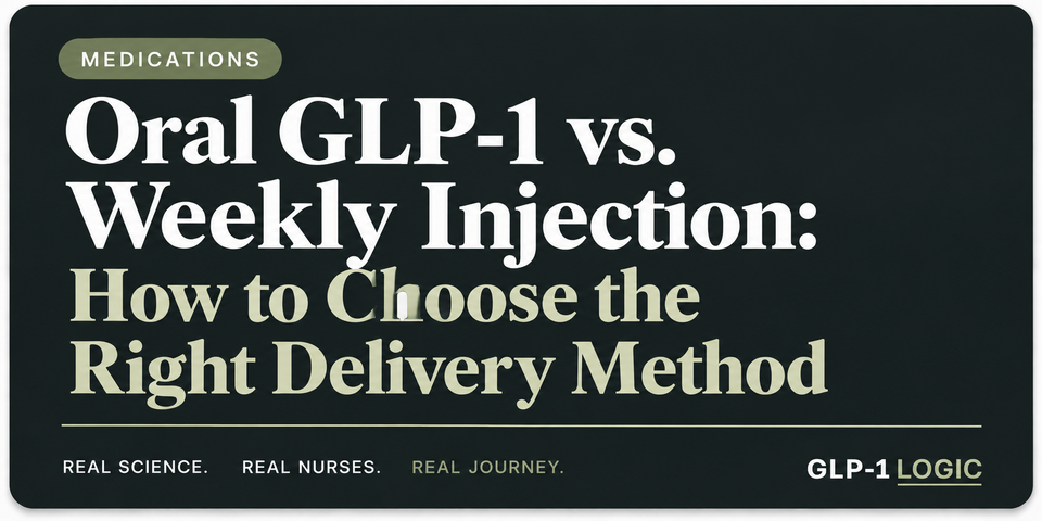 Dark elevated title graphic reading “Oral GLP-1 vs. Weekly Injection: How to Choose the Right Delivery Method” from GLP-1 Logic.