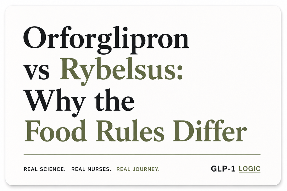 Light elevated title graphic reading “Orforglipron vs Rybelsus: Why the Food Rules Differ” from GLP-1 Logic.
