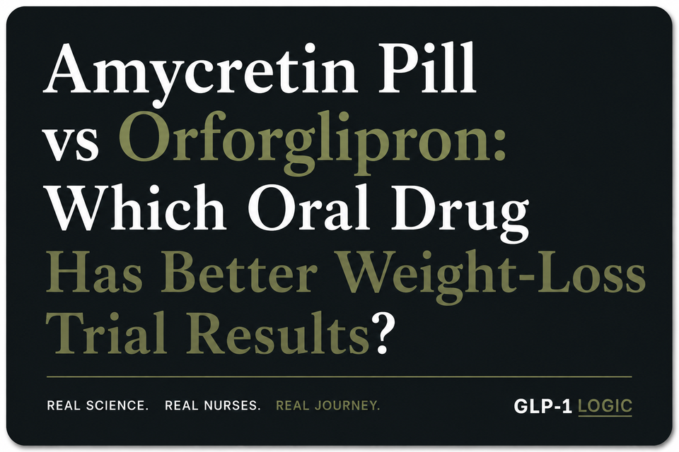 Dark elevated title graphic reading “Amycretin Pill vs Orforglipron: Which Oral Drug Has Better Weight-Loss Trial Results?” from GLP-1 Logic.