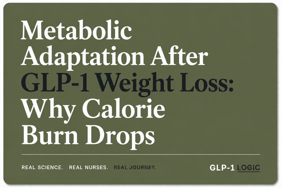 Olive elevated title graphic reading “Metabolic Adaptation After GLP-1 Weight Loss: Why Calorie Burn Drops” from GLP-1 Logic.