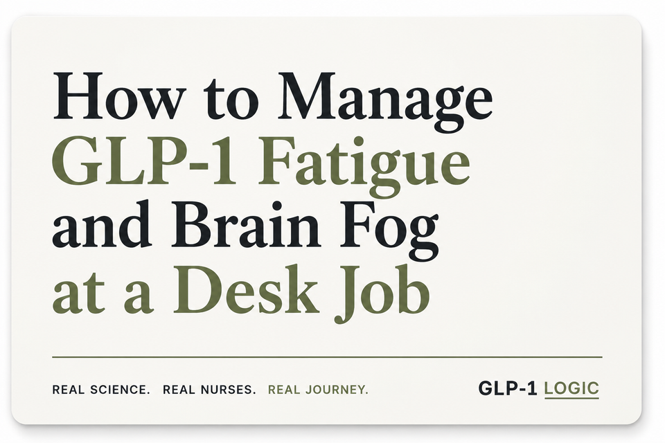 Light elevated title graphic reading “How to Manage GLP-1 Fatigue and Brain Fog at a Desk Job” from GLP-1 Logic.