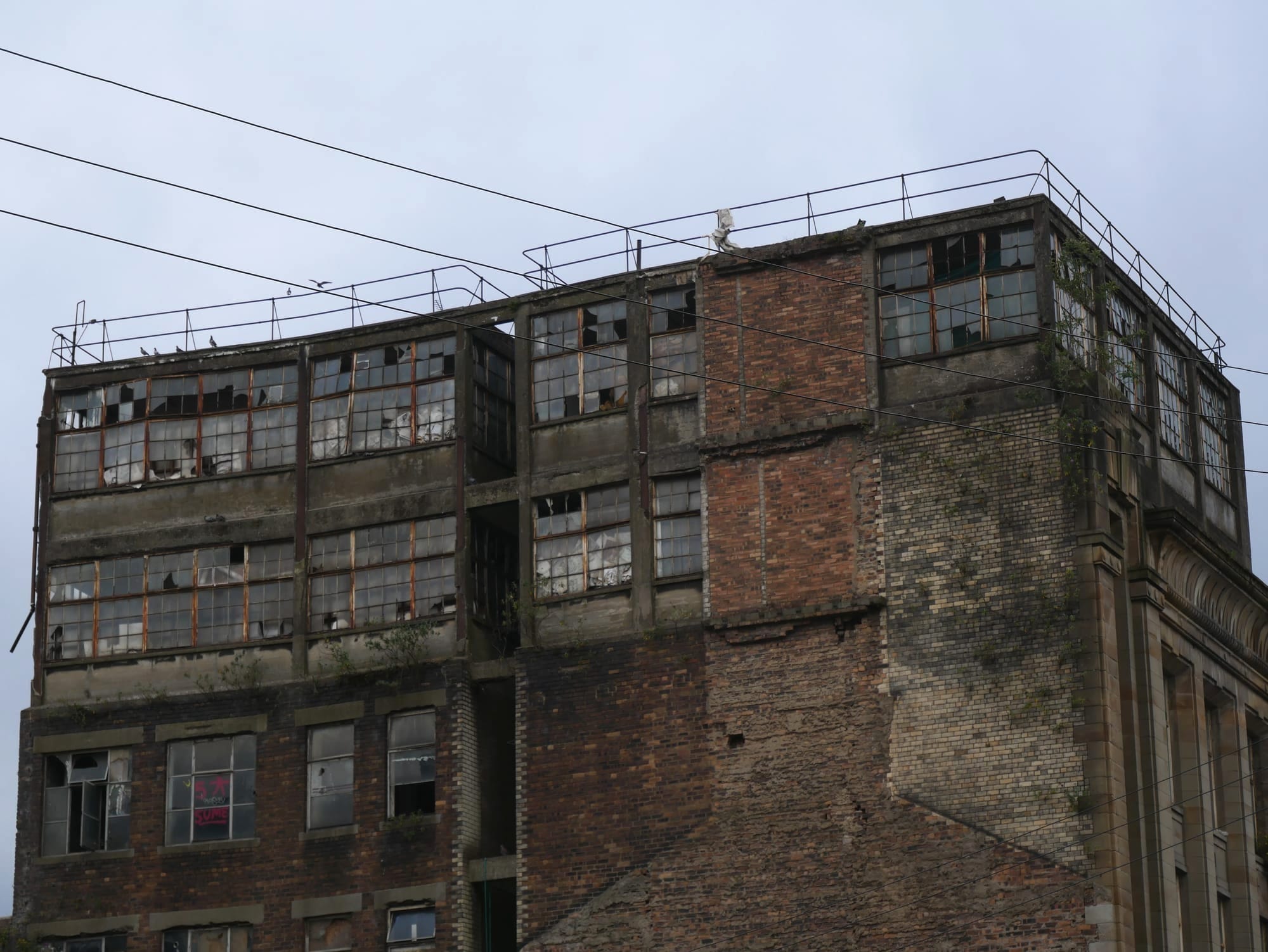 A seriously dilapidated building with sandstone columns on the right side but with the brick rear facing the camera. Windows are smashed and the roof appears to have suffered movement. 