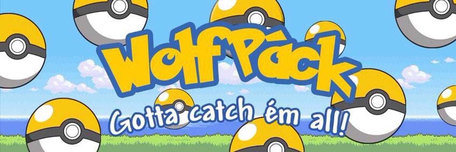 Branding for the Wolf Pack group with pokemon balls coloured yellow and the catchphrase "gotta catch 'em all" underneath the group's name.