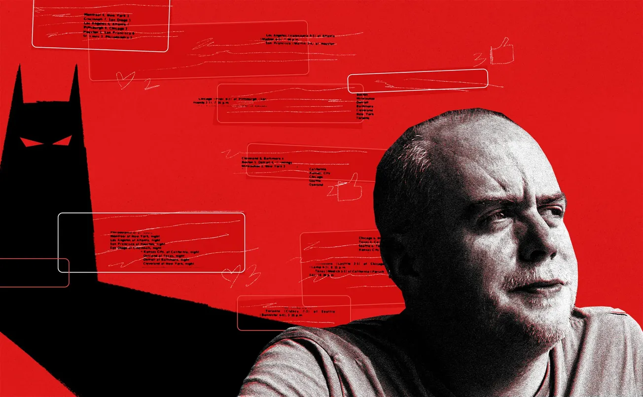 Illustration with red background, a man looking contemplative, and his shadow is a dark horned spectre.