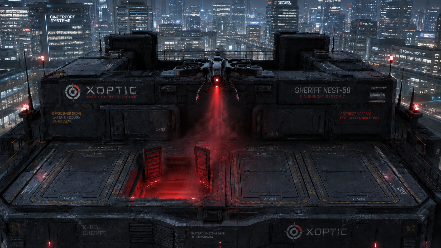 Xoptic Sheriff Nest-58 rooftop enforcement drone launch facility, Cinderport Sector 7 — Xoptic Omniscient Division — Cinderport Transmissions