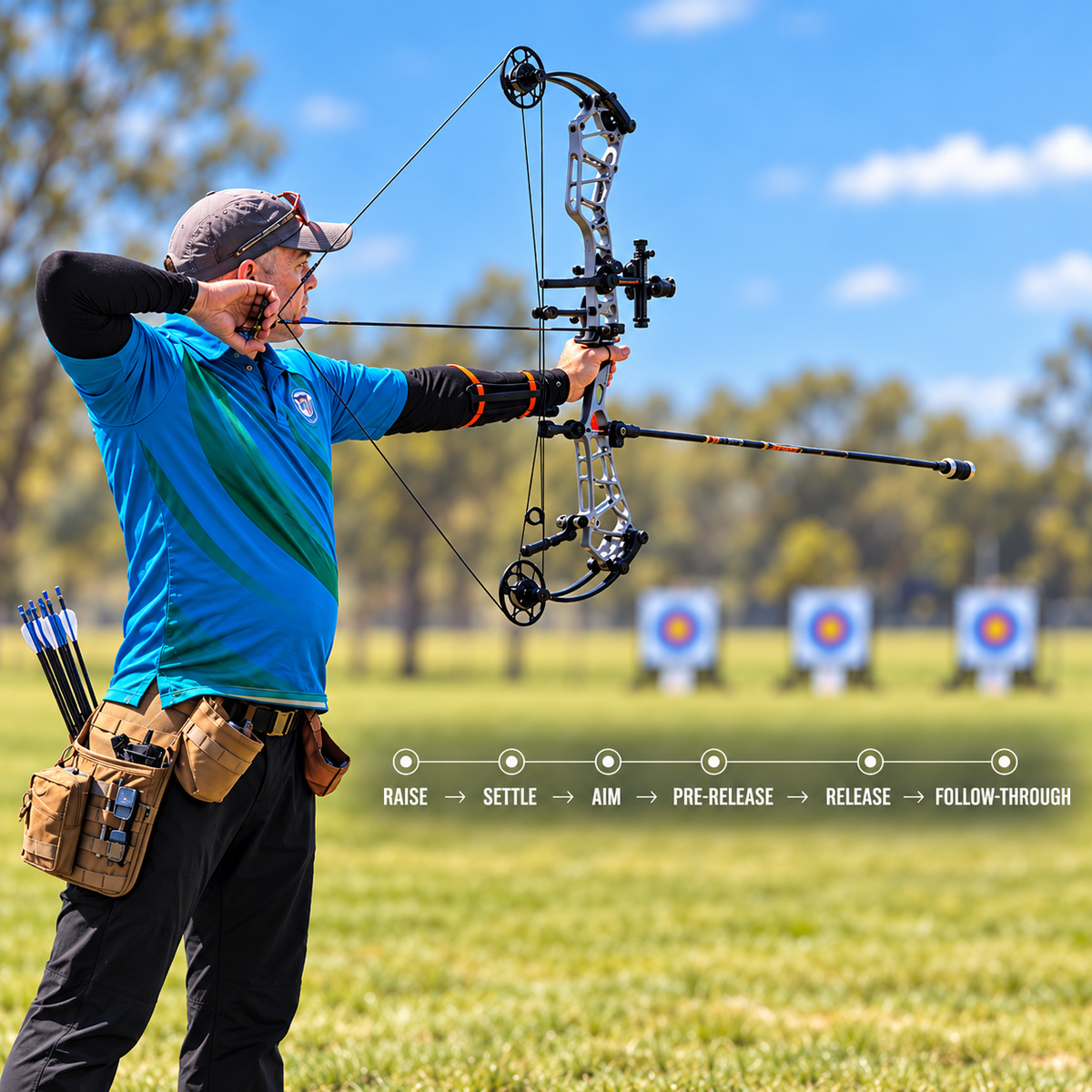 Compound archer at full draw with an overlay showing raise, settle, aim, pre-release, release and follow-through phases