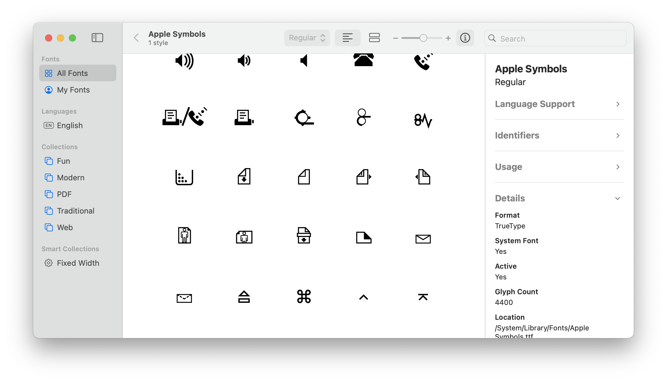 Apple Symbols font in the Font Book application.