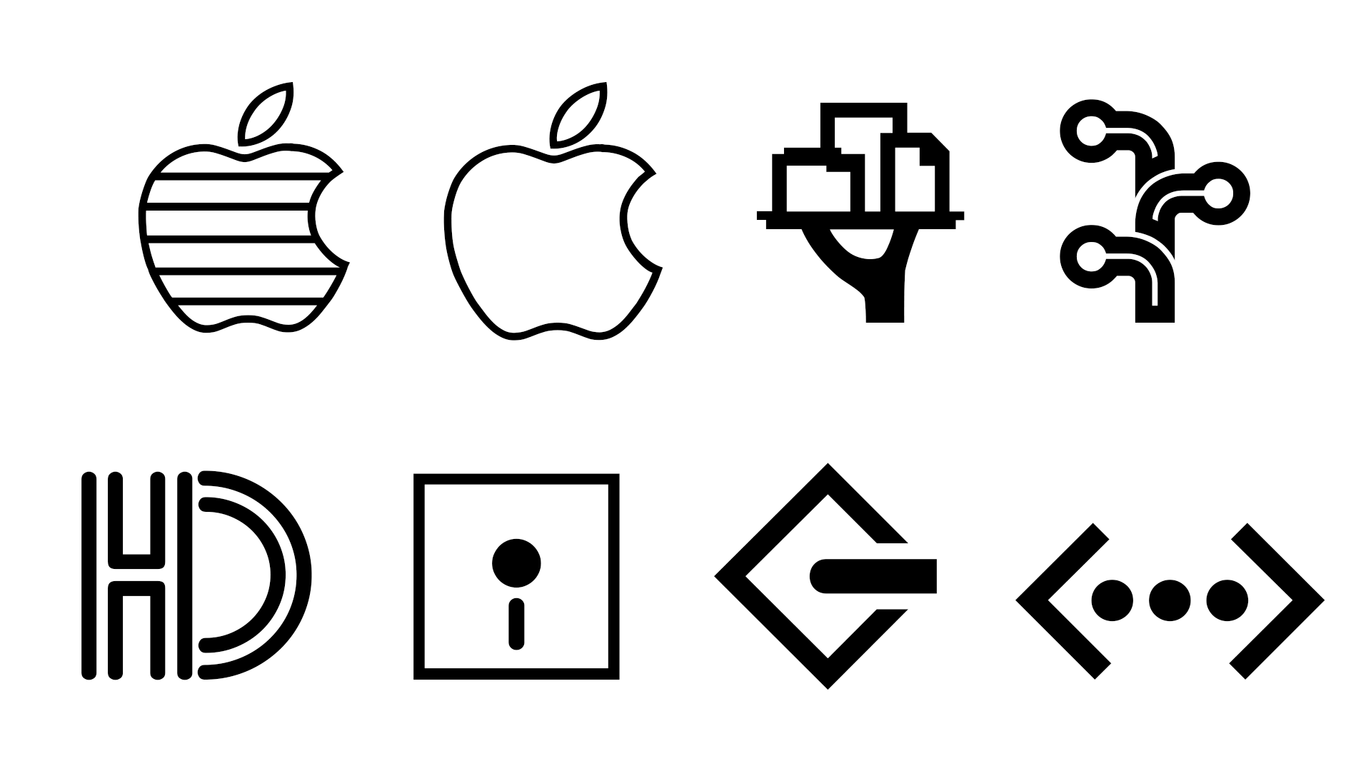 Several Apple logos and I/O symbols.