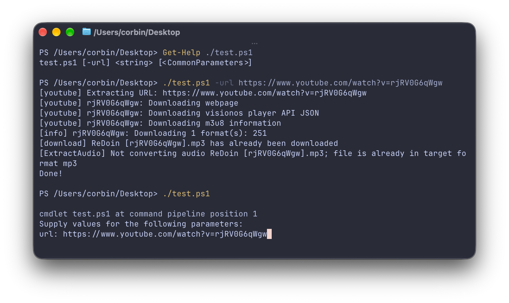 Terminal screenshot of different ways of running the script