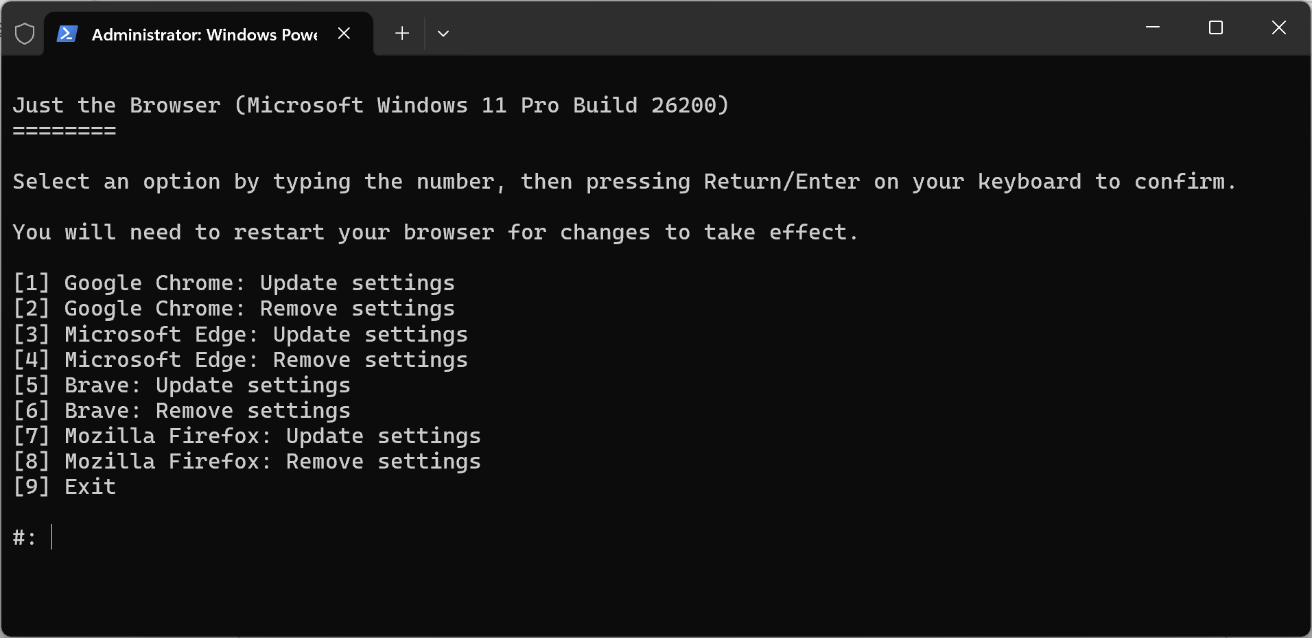 A browser selection menu in a PowerShell window