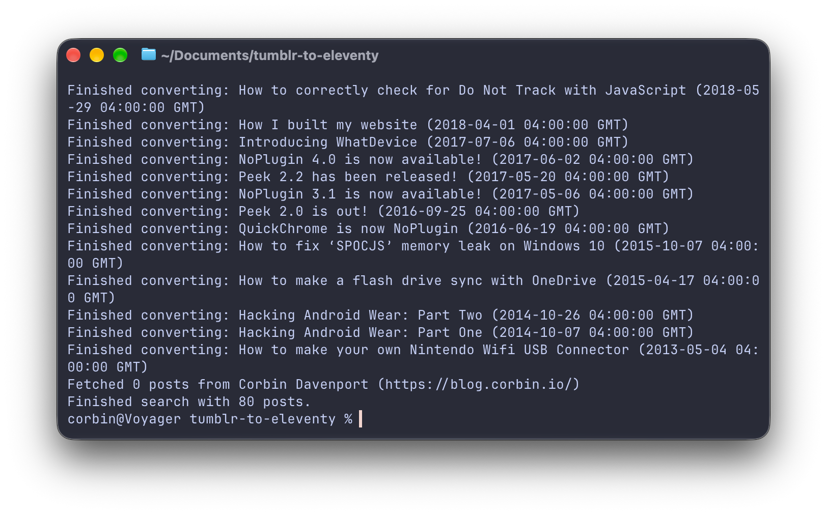 The script converting my blog posts in a Terminal window