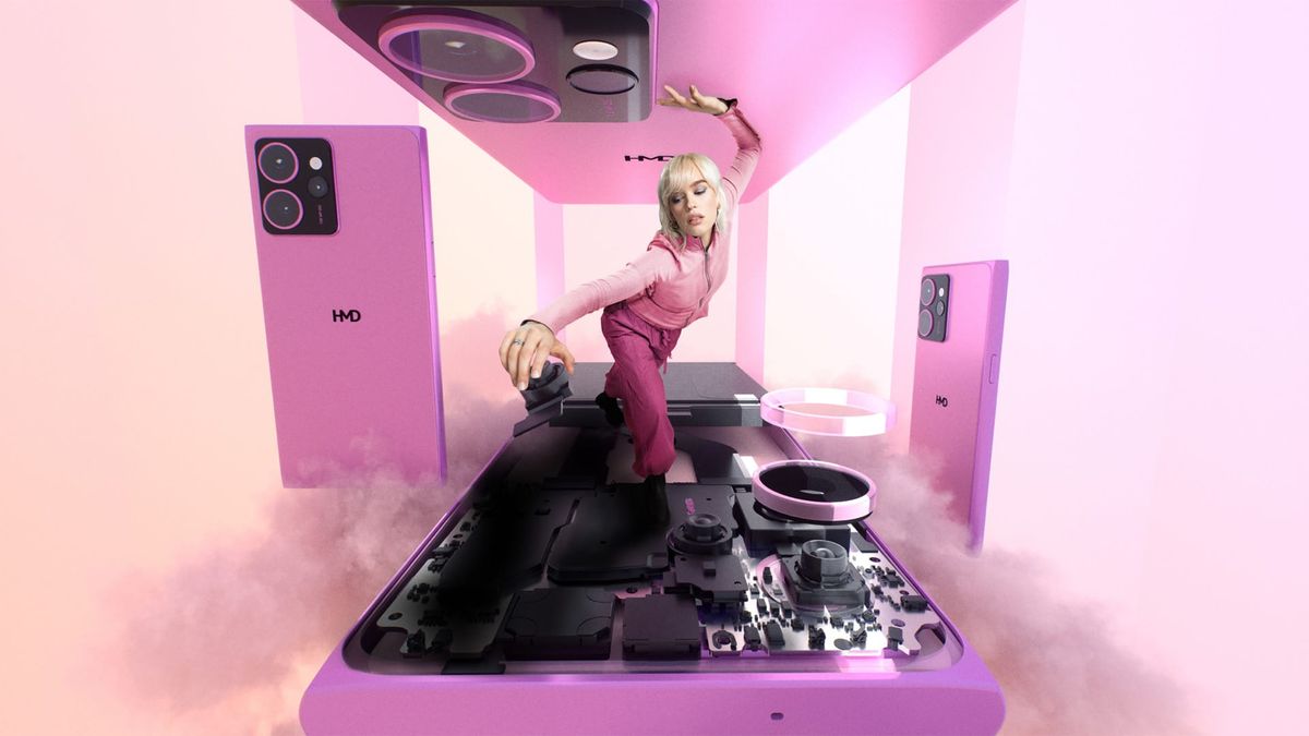 A stylized scene featuring a woman in pink, surrounded by disassembled smartphone components in a dreamy, pastel environment.