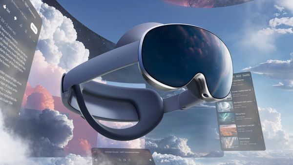 The Galaxy XR headset surrounded by clouds and application windows