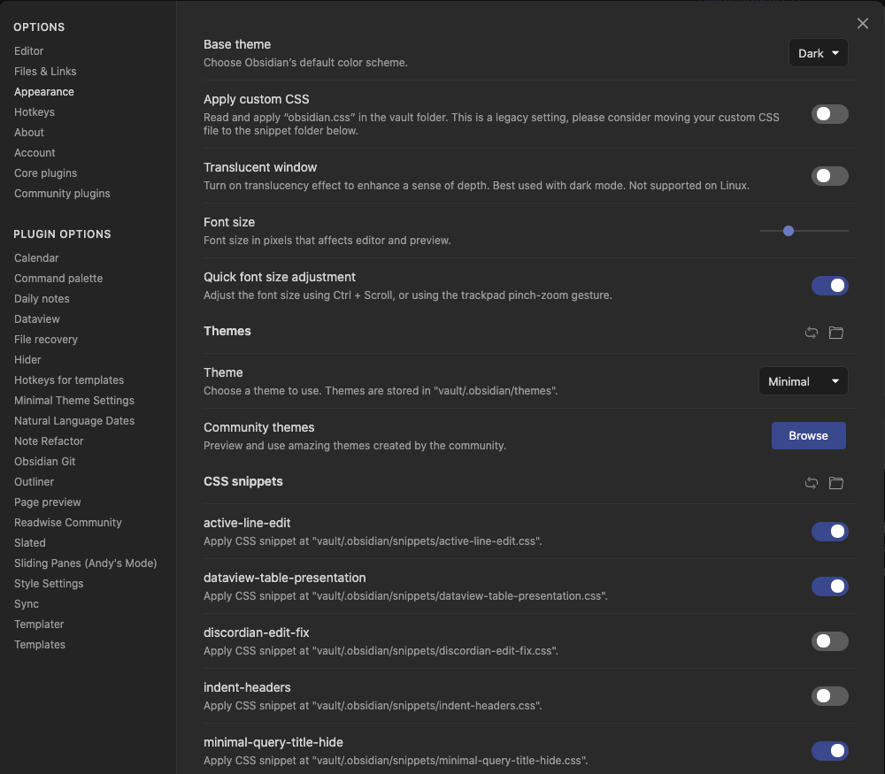 Obsidian Appearance Settings