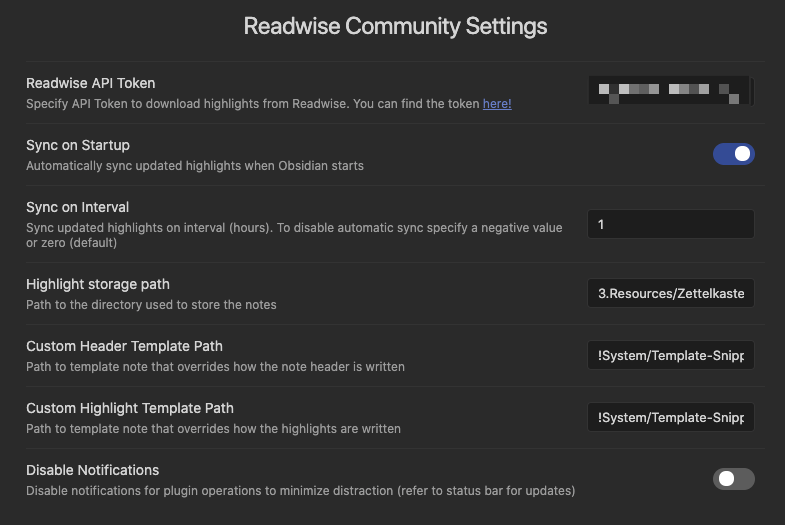 Readwise Community Plugin Settings