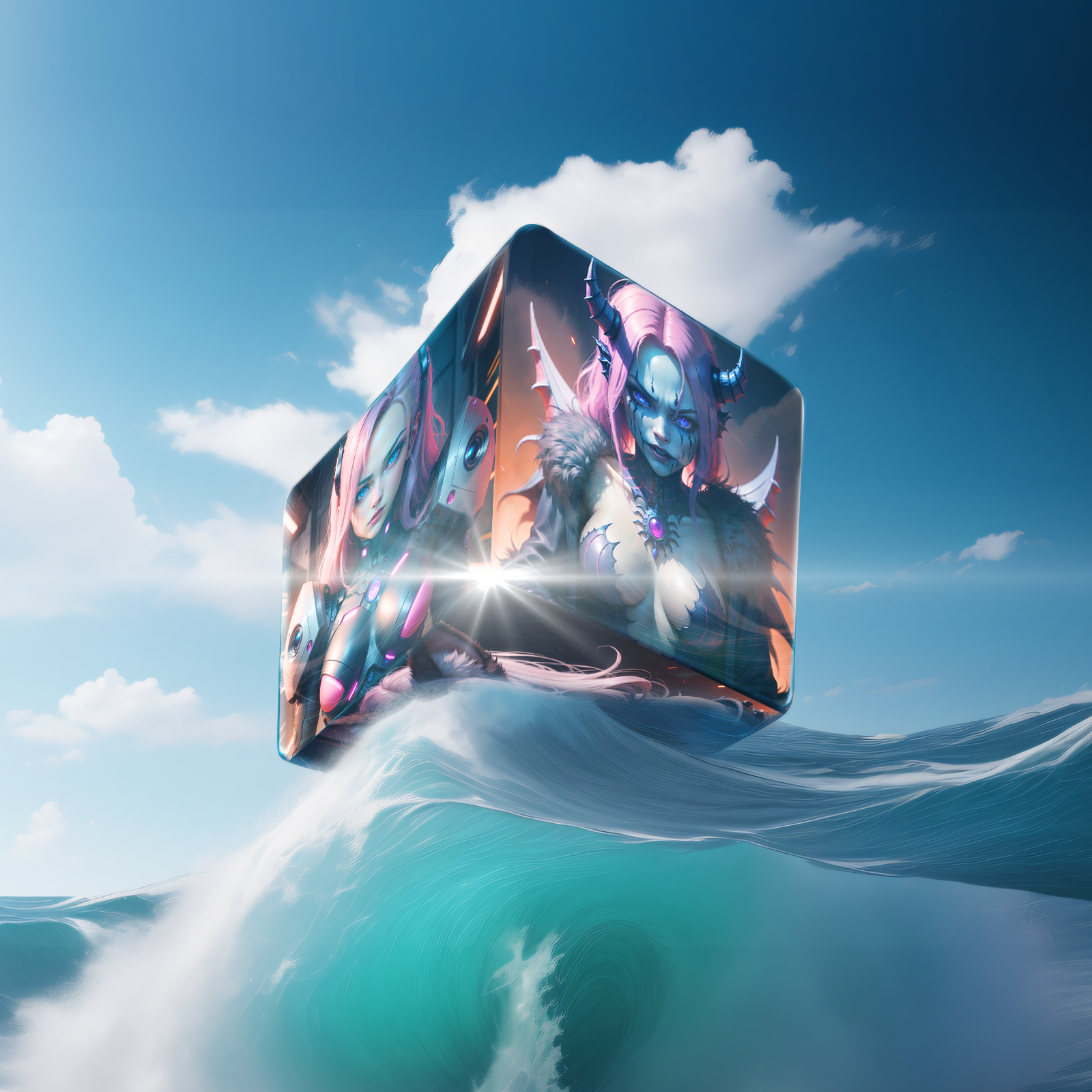 this is a header image depicting multiple images on the face of a cube on a wave, generated by Think Diffusion.