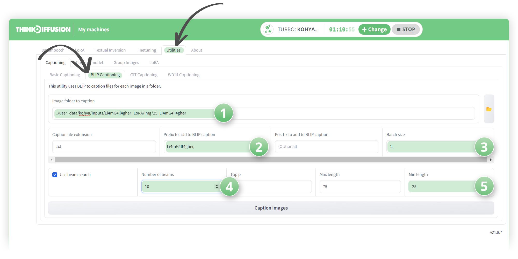 A screenshot of the Think Diffusion interface showing BLIP captioning in the utilities tab to quickly generate captions