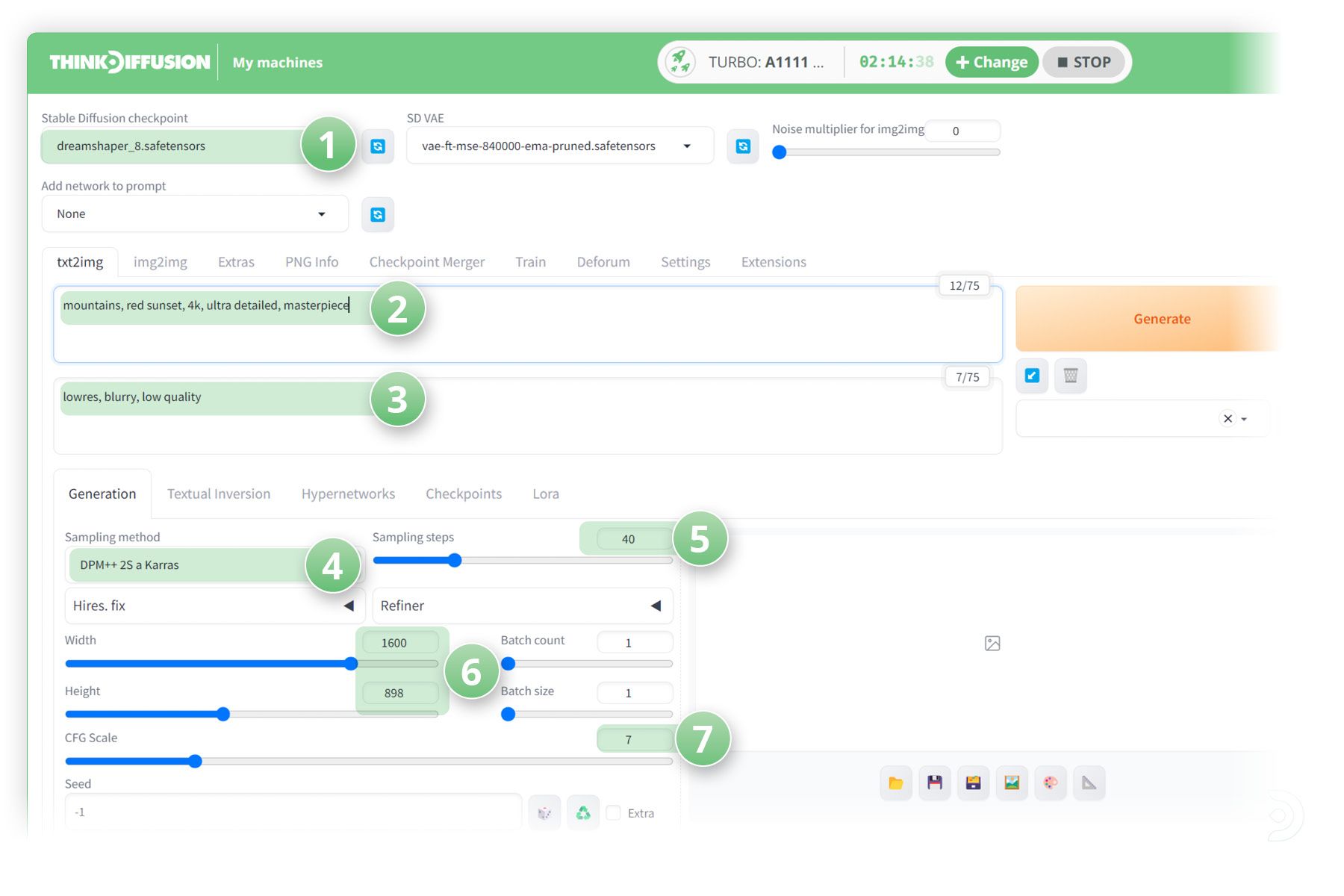 General Txtimg settings to set up your hidden image using ThinkDiffusion