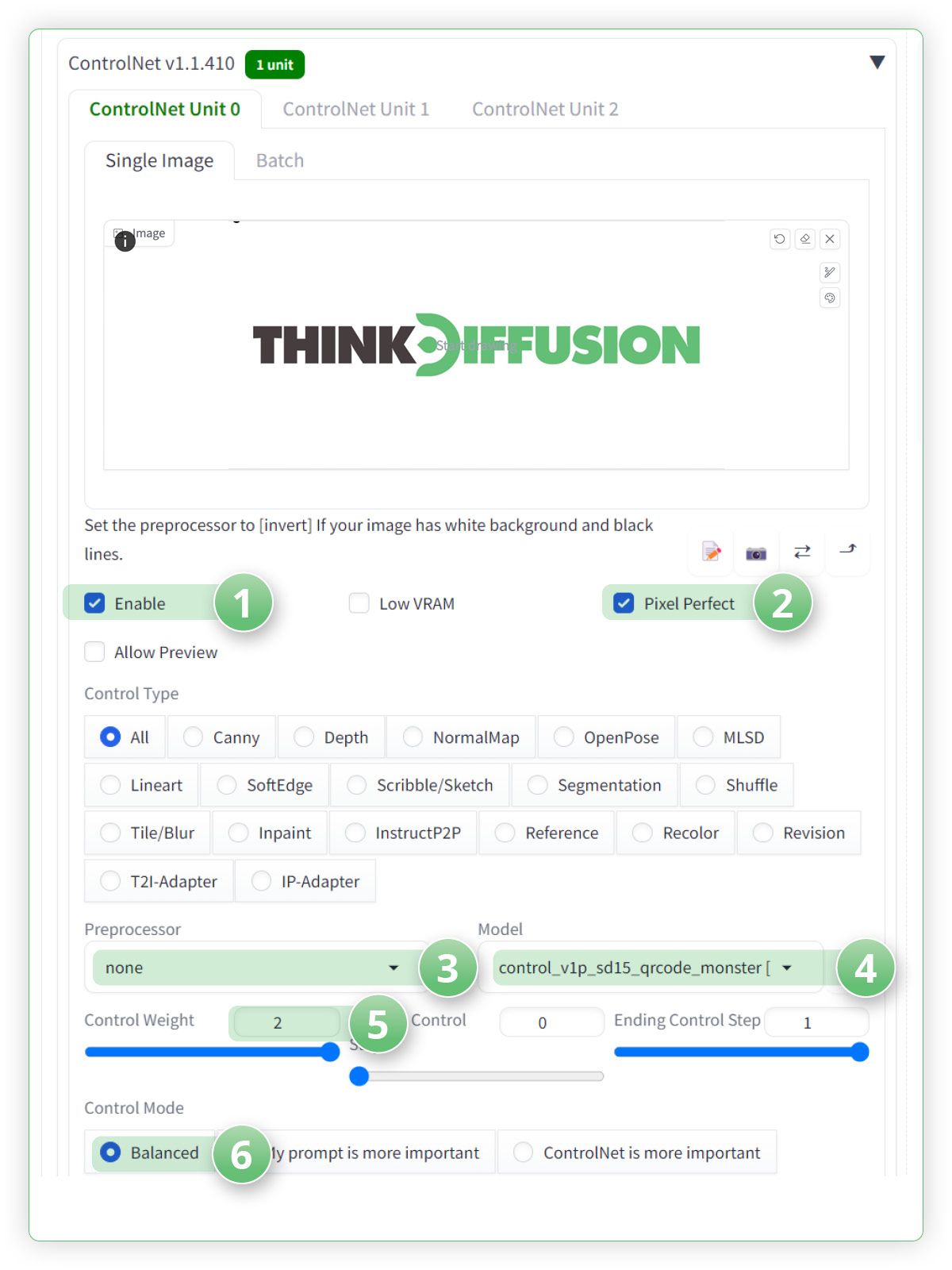 ControlNet settings with QRcode Monster and logo. Exactly the same as with the hidden image using ThinkDiffusion