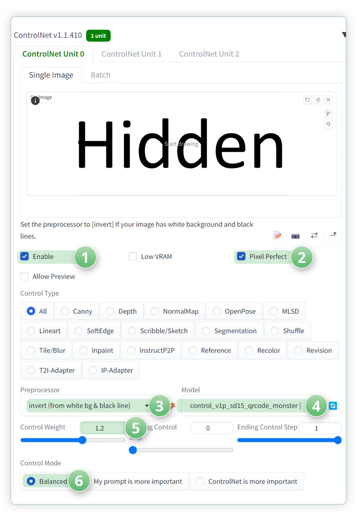 ControlNet settings with QRcode Monster & text. With a slight tweak on preprocessor and control weight using ThinkDiffusion.