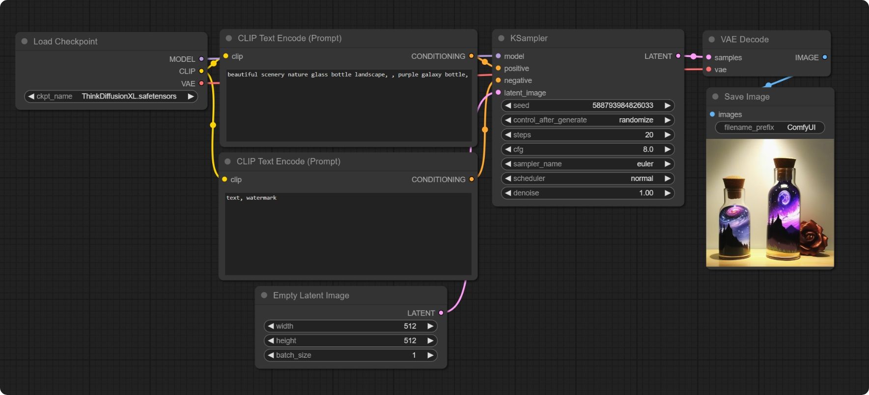 A ComfyUI default workflow on ThinkDiffusion with the ThinkDiffusionXL model loaded. The output image shows a galaxy in a bottle.
