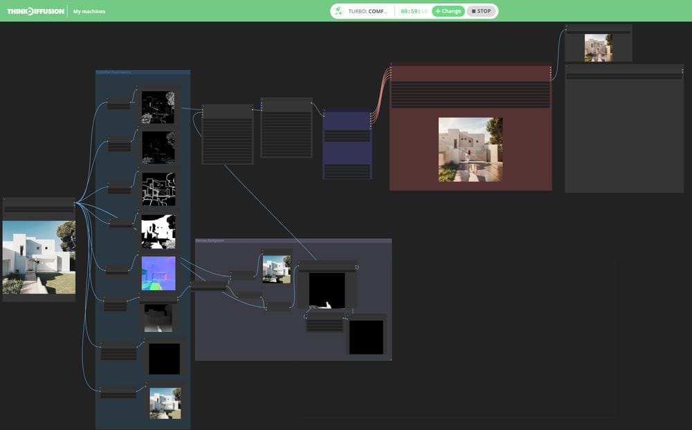 Think Diffusion Stable Diffusion ComfyUI Workflows ControlNet multi example with buildings node view