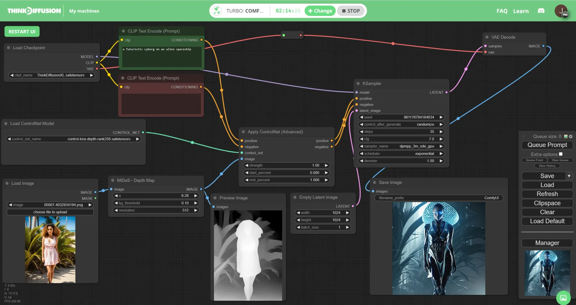 Think Diffusion Stable Diffusion ComfyUI Workflows ControlNet Depth example cyborg lady node view