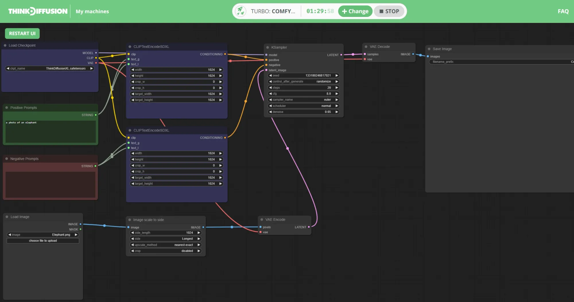 Think Diffusion Stable Diffusion ComfyUI Workflows using SDXL image2image img2img node view