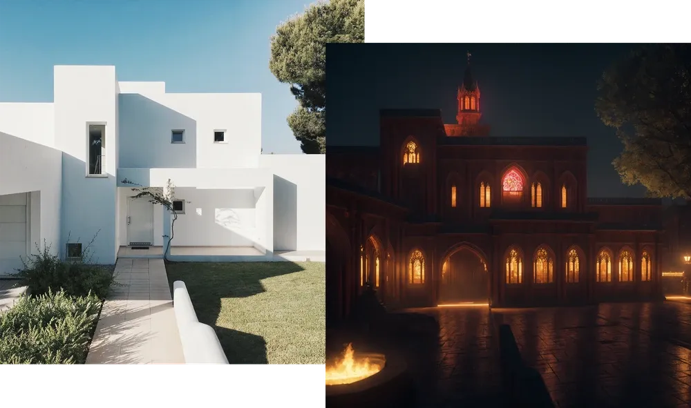 Think Diffusion Stable Diffusion ComfyUI Workflows ControlNet multi example with buildings