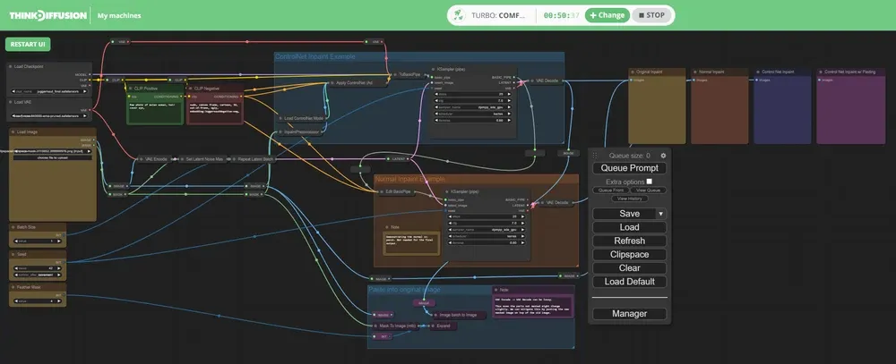 Think Diffusion Stable Diffusion ComfyUI Workflows using inpainting face example node view