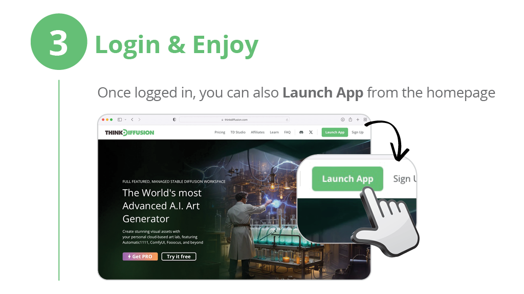 Once logged into ThinkDiffusion, you can also Launch App from the homepage 