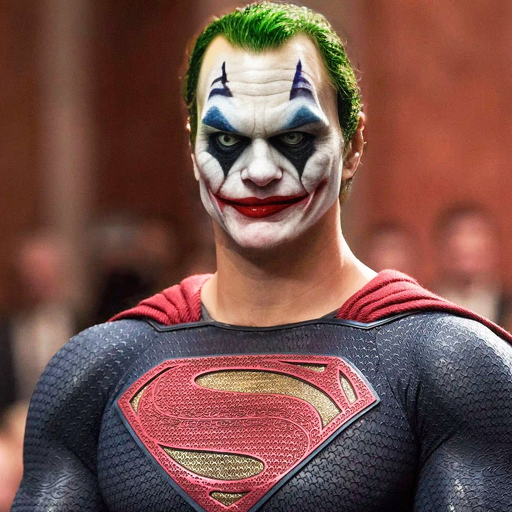A photo of the Joker, dressed as Superman, generated using inpainting in Img2Img through Automatic1111