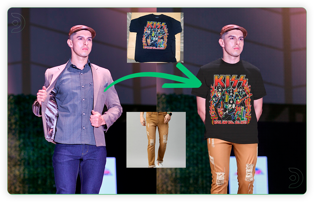 2 Reference Images: Printed Black T-shirt, Tattered Khaki Jeans